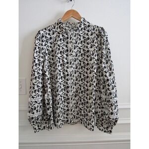 Women's Black White Floral Ruffle Tie Neck Balloon Sleeve Blouse Size M